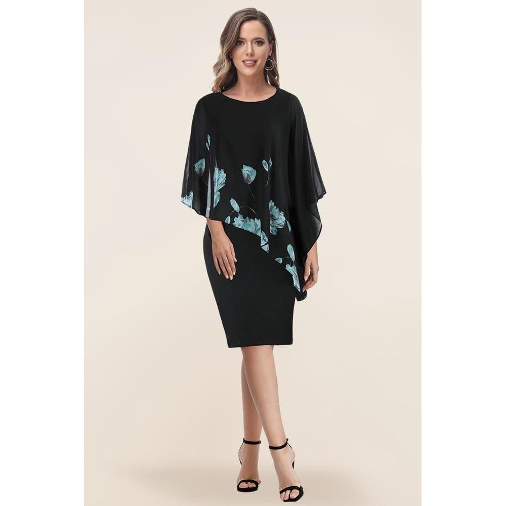 Hanna Nikole Dress Womens 22W Black Chiffon Capelet Floral Pencil Knee Length